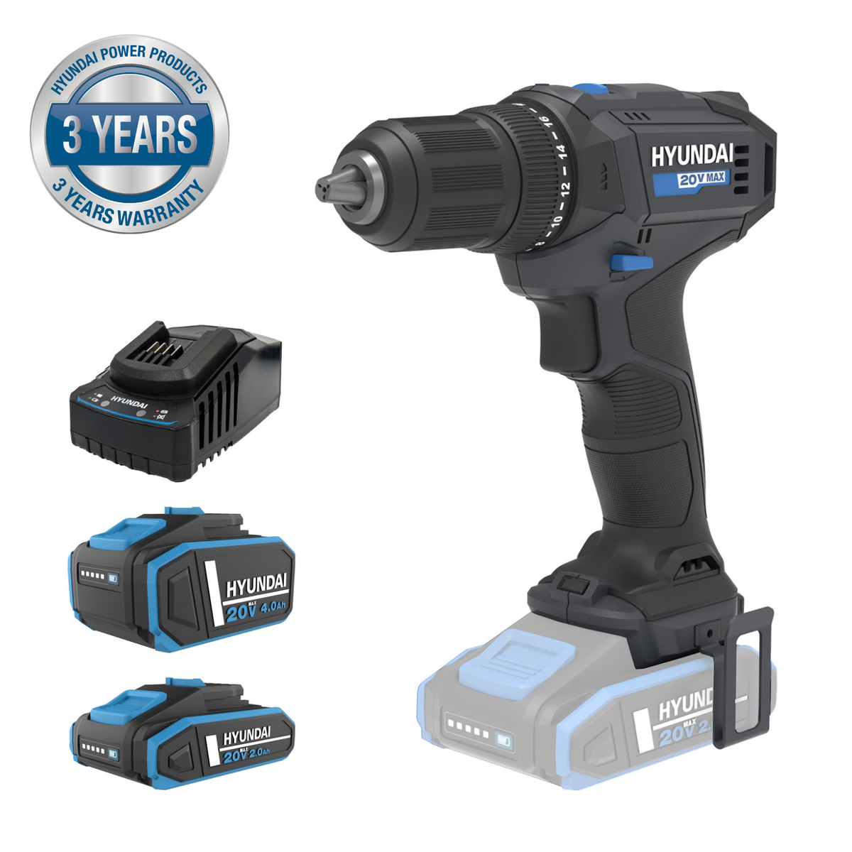 Hyundai 20V 40Nm Driver Drill Kit with Extra 4Ah Battery