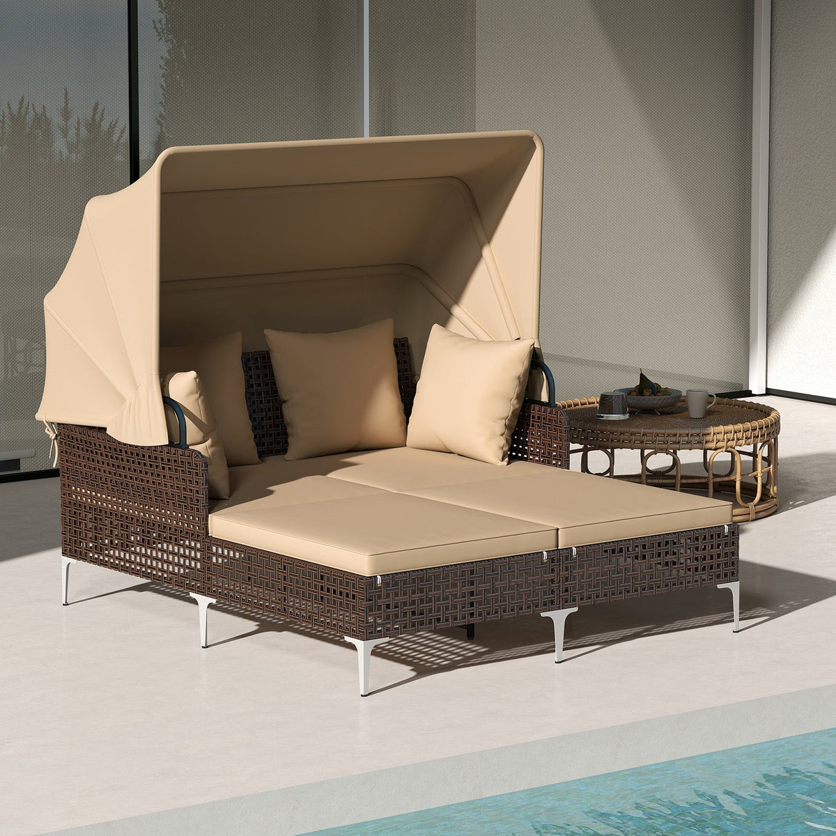 Outdoor Daybed with Retractable Canopy PE Wicker Rattan Patio Lounger
