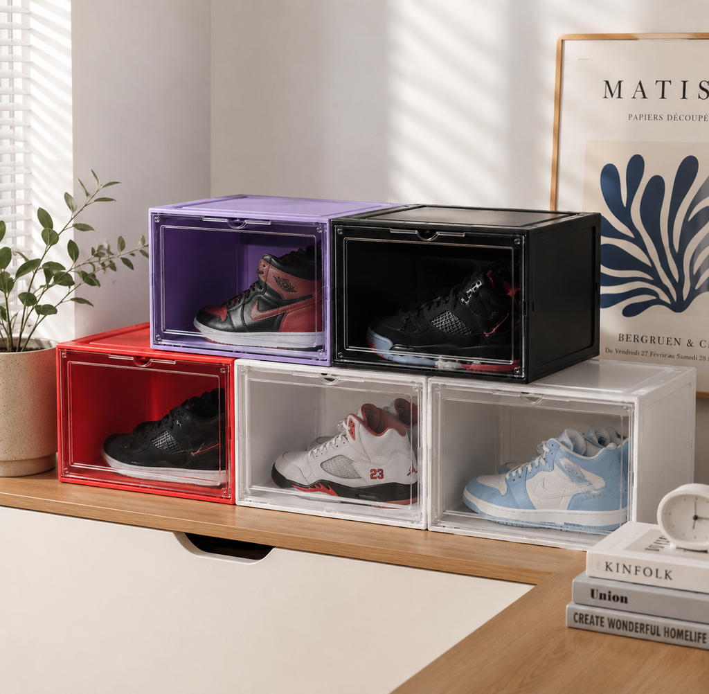 5PCS Plastic Shoe Boxes Stackable Sneaker Display Storage Containers Transparent Door