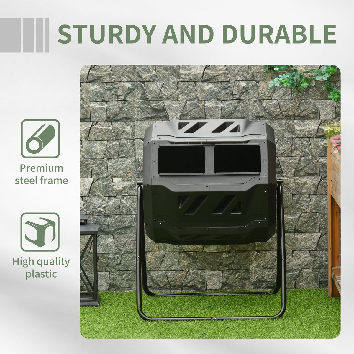 Tumbling Compost Bin Outdoor 360 Degrees Dual Chamber Rotating Composter 43 Gallon, Black