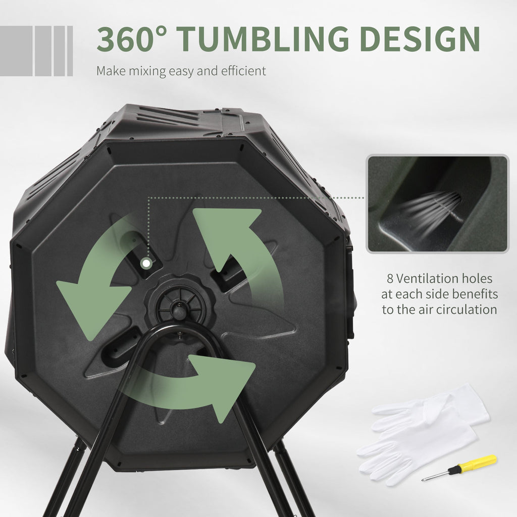 Tumbling Compost Bin Outdoor 360 Degrees Dual Chamber Rotating Composter 43 Gallon, Black