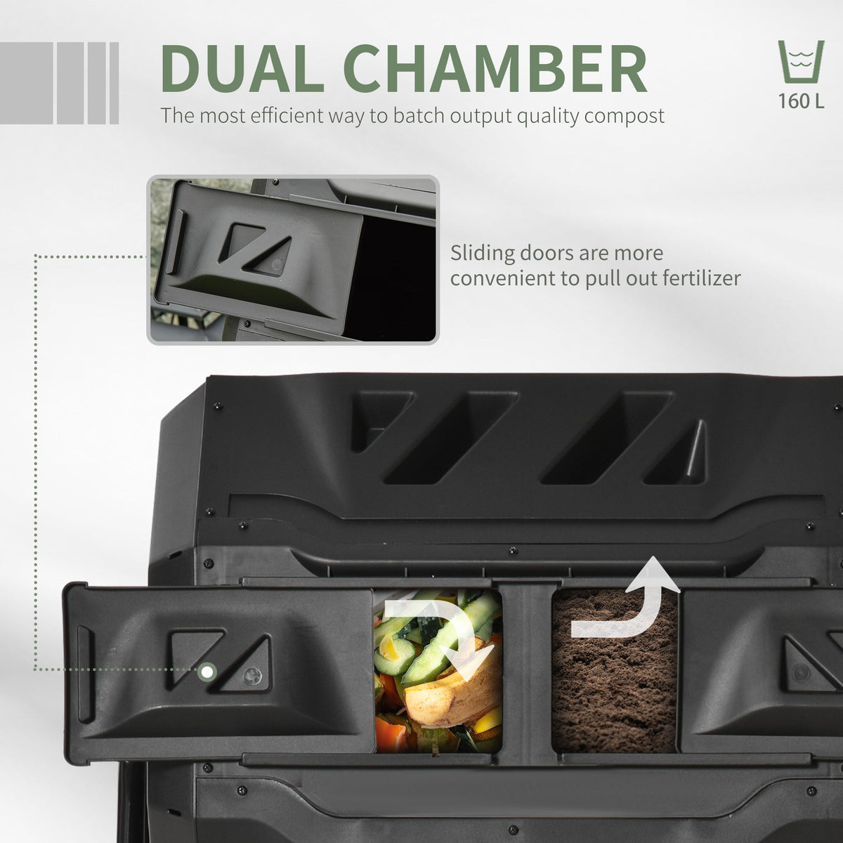 Tumbling Compost Bin Outdoor 360 Degrees Dual Chamber Rotating Composter 43 Gallon, Black