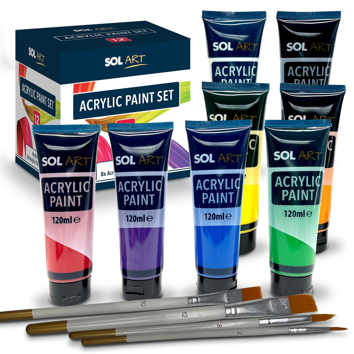 SOL 12pc Acrylic Paint Set with 8x Large 120ml Paints + 4 Brushes for Artists - Vibrant Colours for Canvas, Rock, Ceramic, and Wood - Fast-Drying, Water-Based Paint for Adults, Kids, and Hobbyists