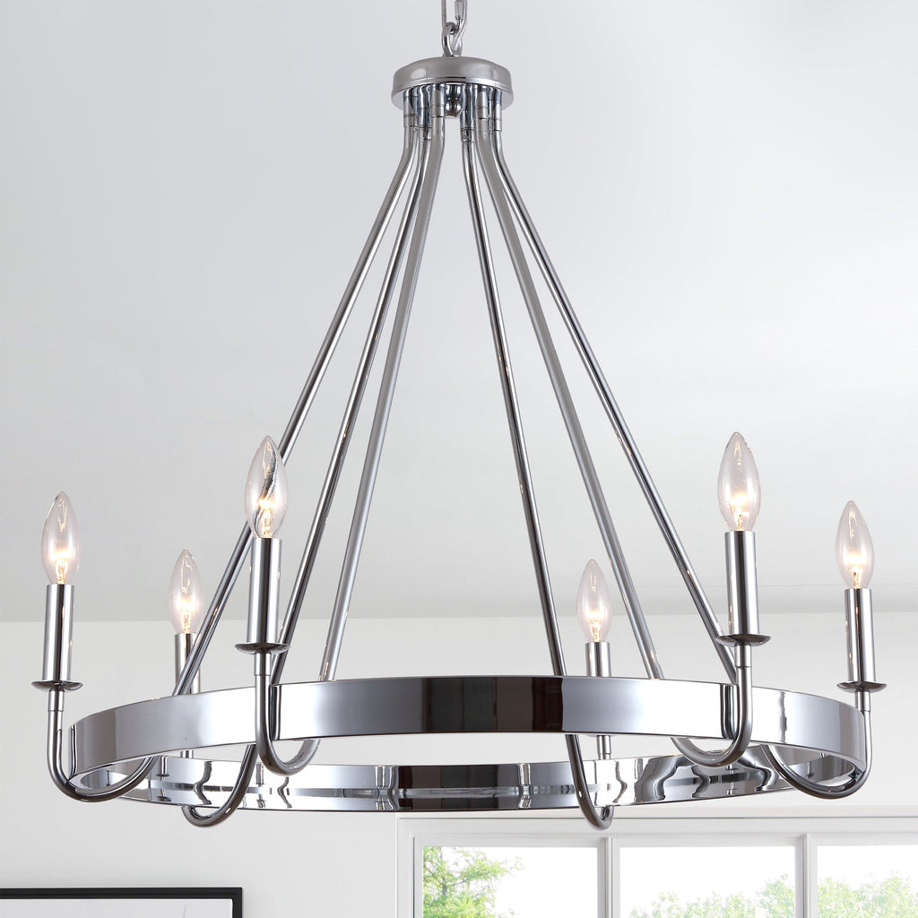 6 - Light Chrome Farmhouse Wagon Wheel Chandelier,  28 Inch Industrial Rustic Vintage Round Kitchen Island Pendant Light for Dining Room
