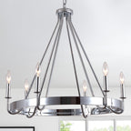 6 - Light Chrome Farmhouse Wagon Wheel Chandelier,  28 Inch Industrial Rustic Vintage Round Kitchen Island Pendant Light for Dining Room