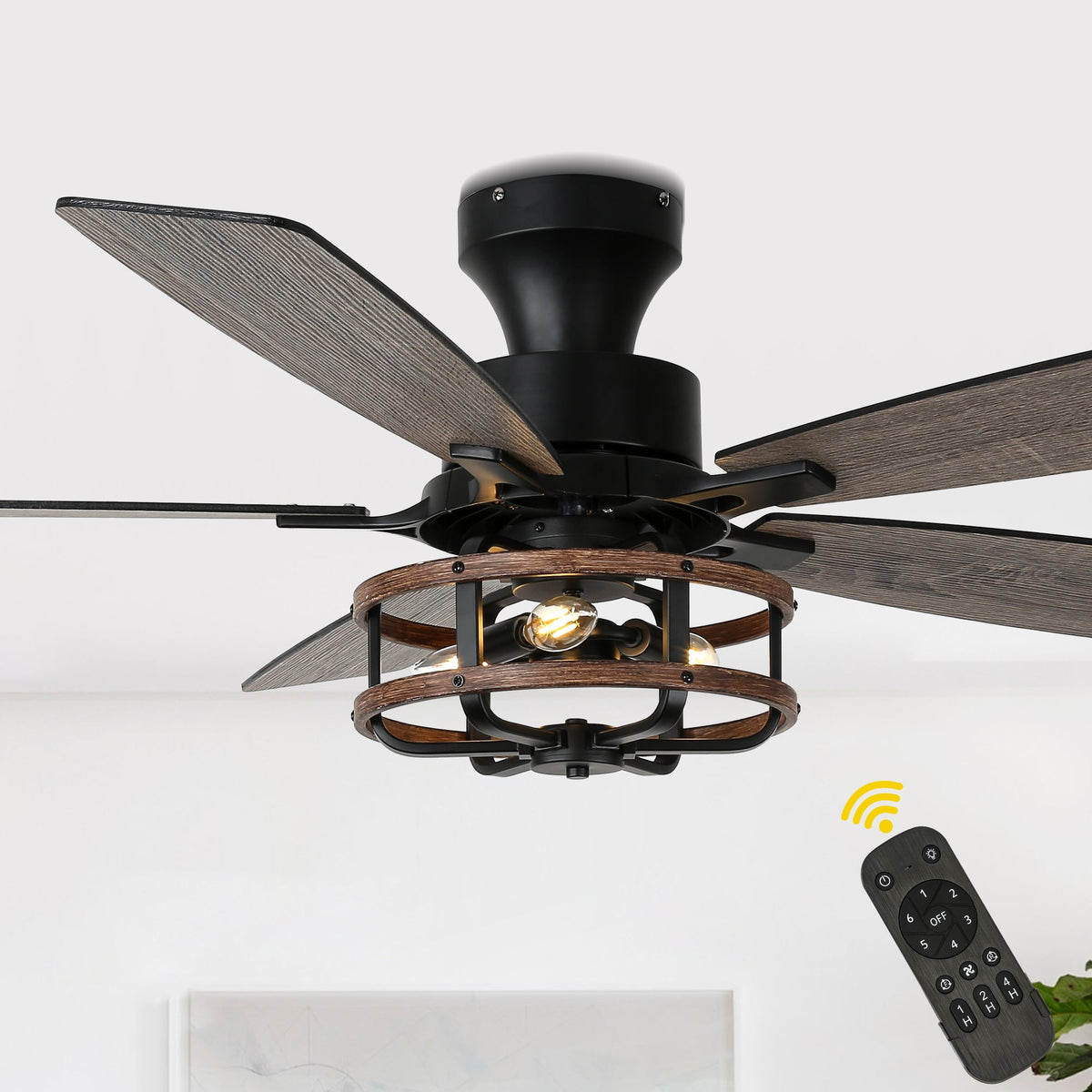 52 Inch Farmhouse Flush Mount Ceiling Fan with Lights and Remote, 6 Speeds DC Motor Reversible Low Profile Ceiling Fan for Living Room