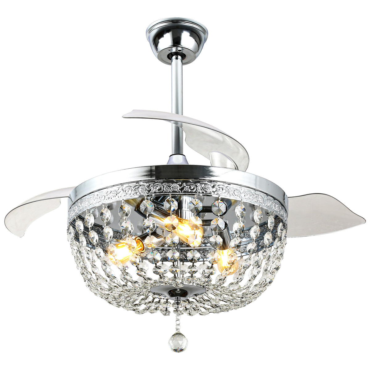 42 Inch Chrome Modern Glam Crystal Retractable Ceiling Fan with Lights and Remote Control, 6 Speeds DC Motor Fandelier Ceiling Fan