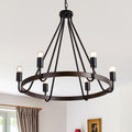 6 - Light Black Farmhouse Small Wagon Wheel Chandelier, 28" Round Chandelier Foyer Chandeliers with Height Adjustable