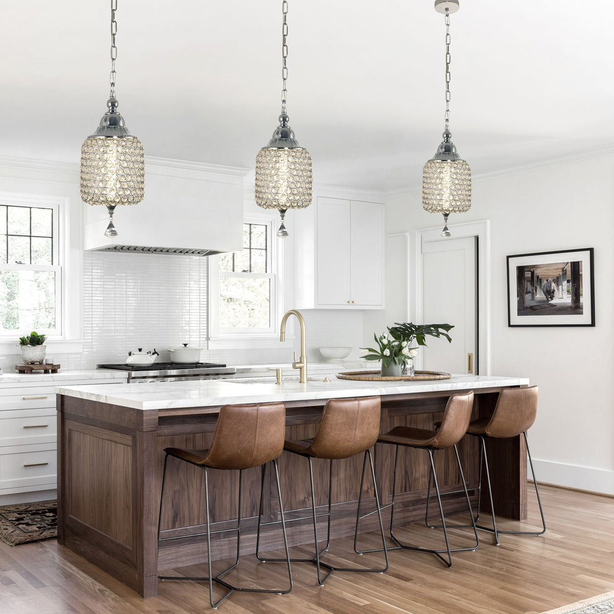 1 - Light Black/Chrome Cylinder Crystal LED Pendant Light, 7.3" Dining Room Light Fixtures Kitchen Island Light