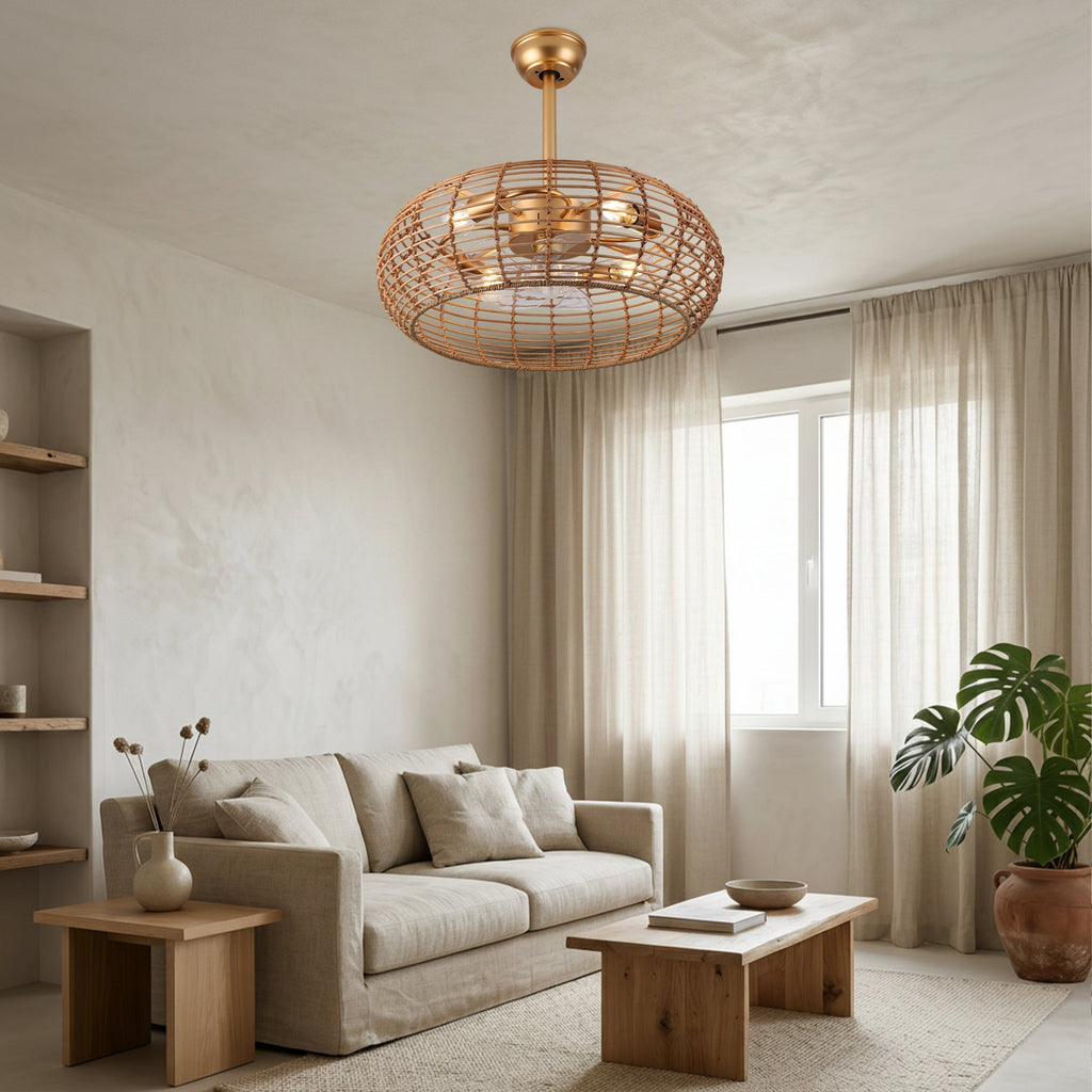 Bohemian 20 Inch Retractable Ceiling Fan with Light Quiet DC Motor Reversible 6-Speed Ceiling Fan with Light Retro 4-Light Ceiling Fan Suit for Living Room, Bedroom, Kitchen