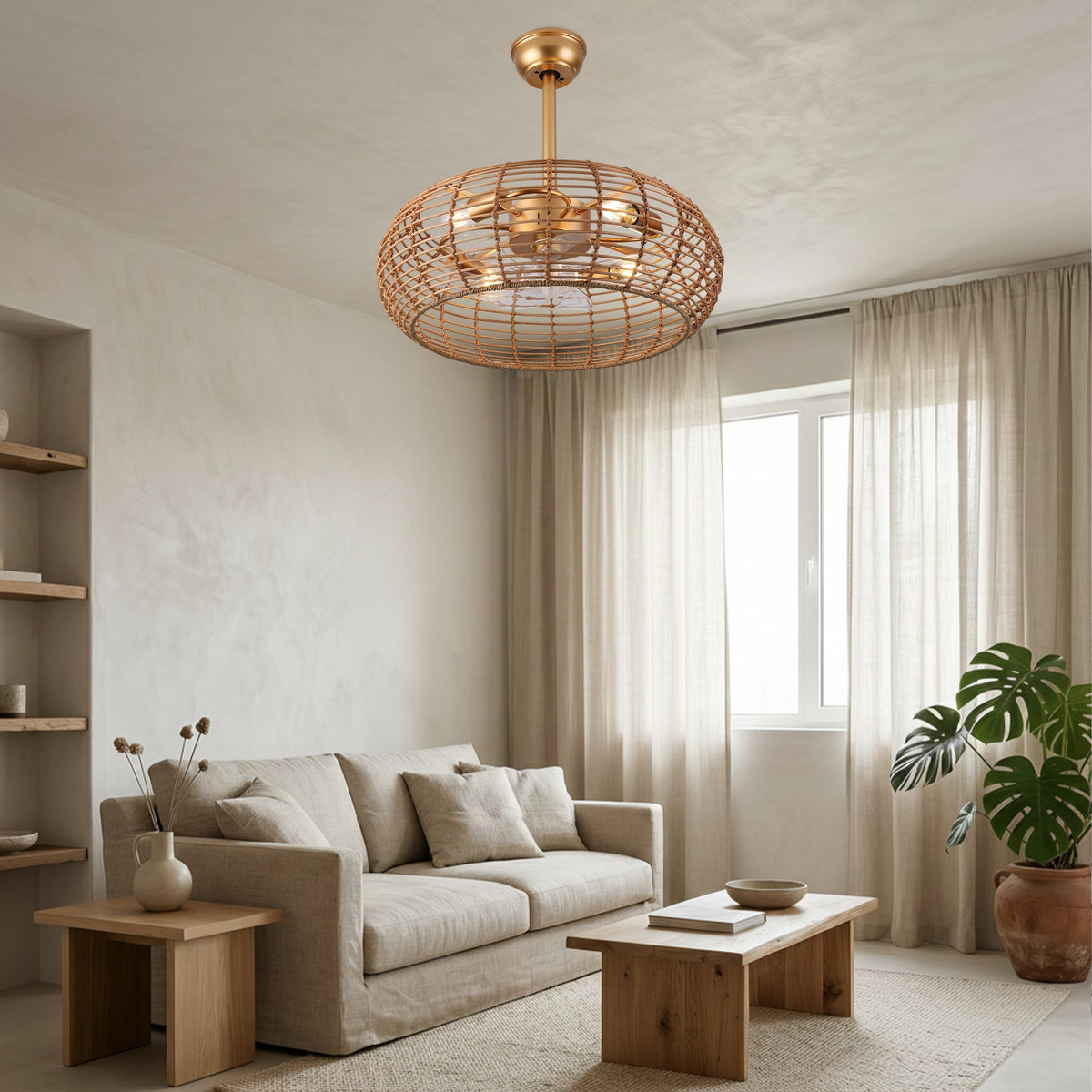 Bohemian 20 Inch Retractable Ceiling Fan with Light Quiet DC Motor Reversible 6-Speed Ceiling Fan with Light Retro 4-Light Ceiling Fan Suit for Living Room, Bedroom, Kitchen