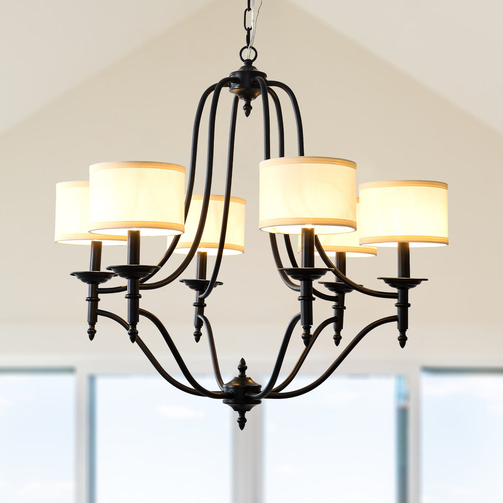 6 - Light Traditional Farmhouse Chandelier with Fabric Shades, 30 Inch Black Chandelier, Adjustable Classic Dining Room Light Fixture for Living Room