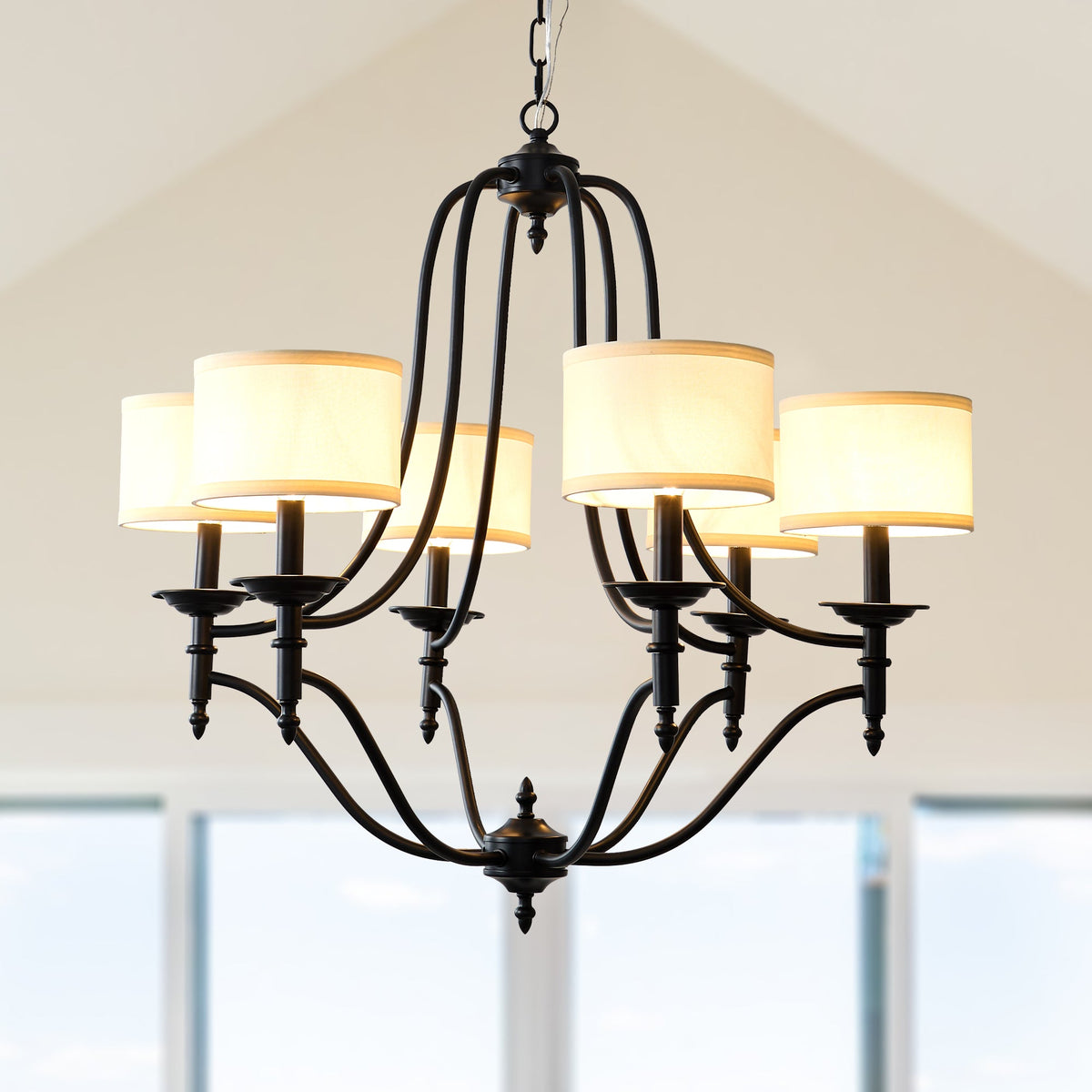 6 - Light Traditional Farmhouse Chandelier with Fabric Shades, 30 Inch Black Chandelier, Adjustable Classic Dining Room Light Fixture for Living Room