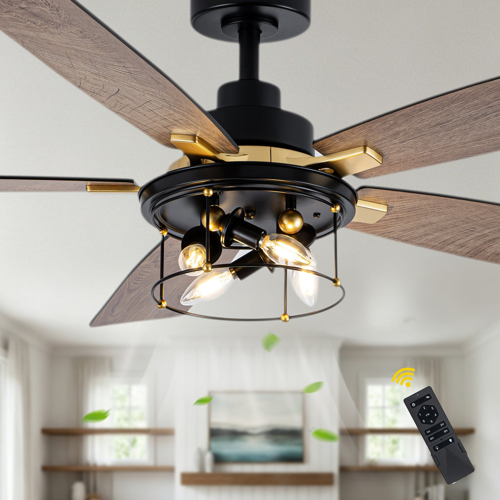 Industrial 52 Inch Gold/Black Caged Ceiling Fan with Light Quiet Reversible DC Motor with 6 Speed Remote Control Ceiling Fan 5 Blades Ceiling Fan Suit for Kitchen Bedroom Living Room