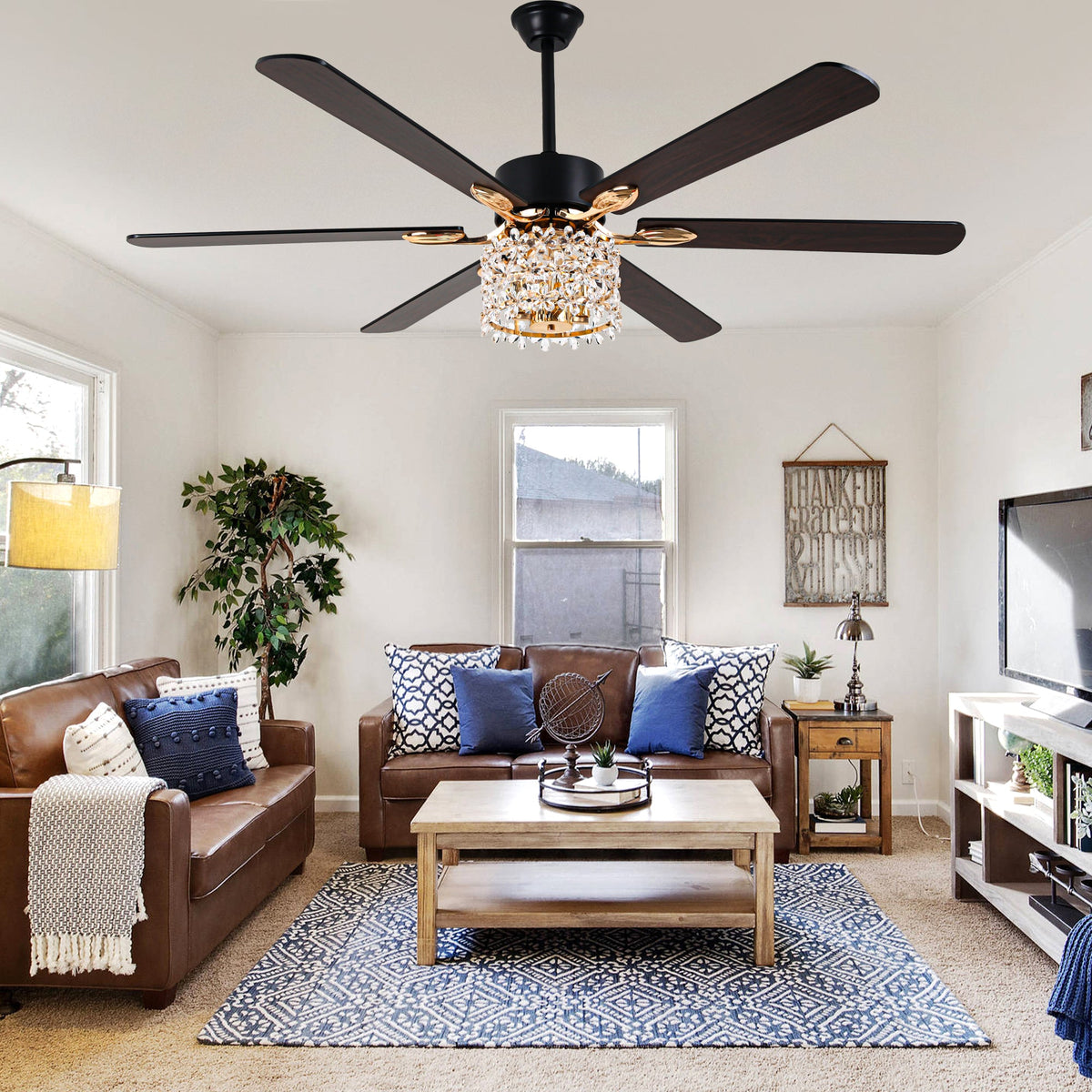 65 Inch Modern Glam Crystal Ceiling Fan with Lights and Remote Control,6 Speeds DC Motor  Black/Chrome Large Ceiling Fan with Crystals