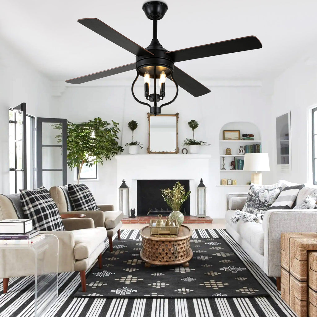 52 Inch Black Classic Ceiling Fan with Lights and Remote Control, 6 Speeds 4-Blade DC Motor Reversible Ceiling Fan for Living Room