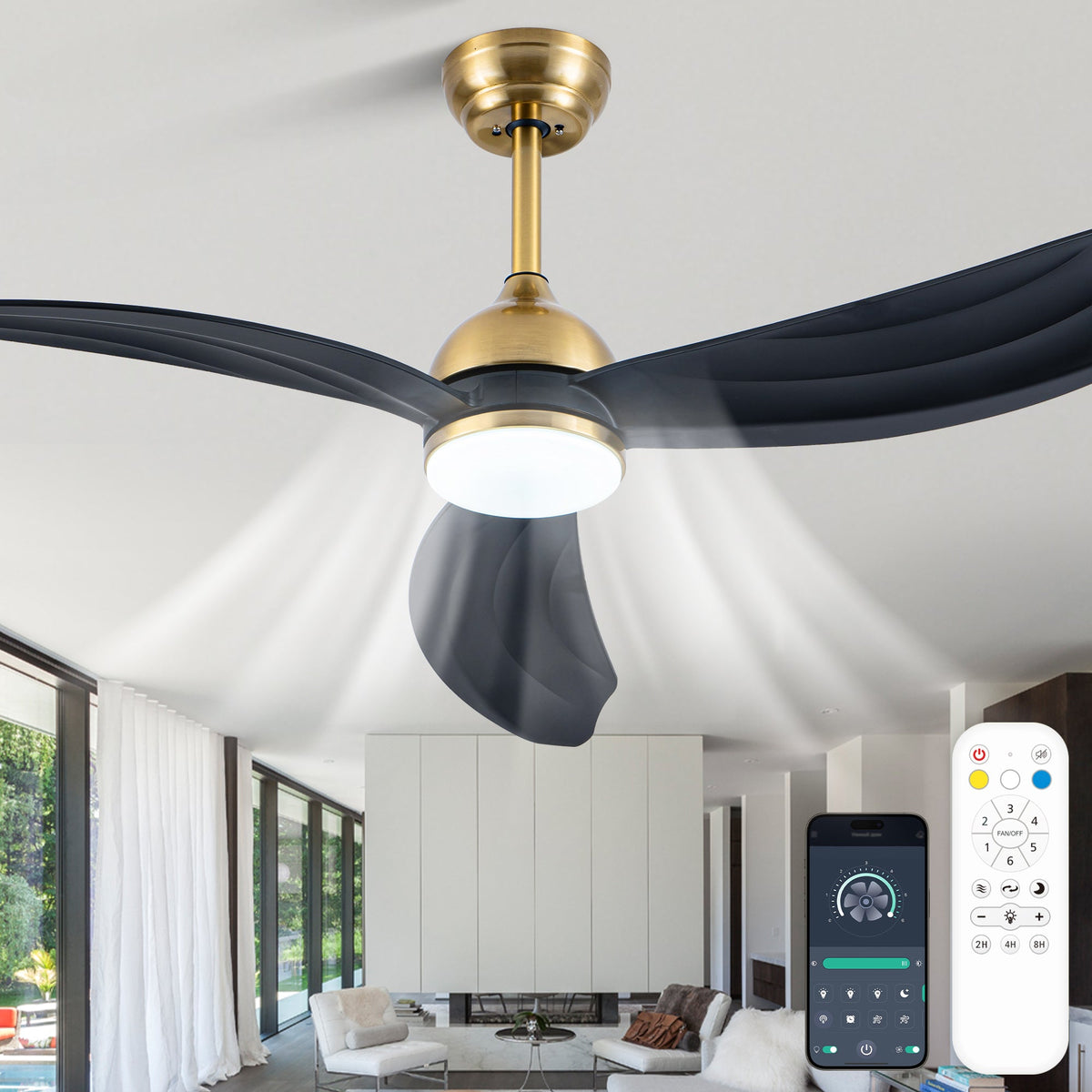 52 Inch Modern Smart Propeller Ceiling Fan with Dimmable LED Light and Remote & APP Control, 6-Speed Reversible Ceiling Fan