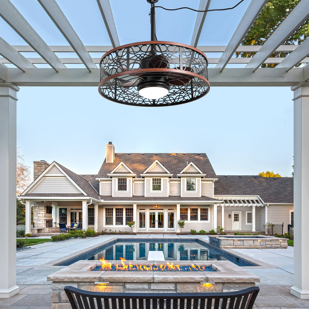 24 Inch Farmhouse Outdoor Waterproof Ceiling Fan with LED Light and Remote, 6 Speeds Black Plug In Caged Outdoor Fan Light