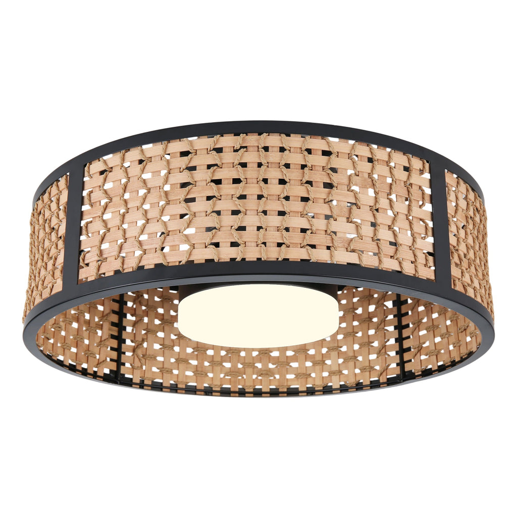Bohemian 20 Inch Flush Mount Ceiling Fan with Light Caged Bamboo and Paper Rope Woven Shade Ceiling Fan with Ligth Dimmable LED and Reversible DC Motor Ceiling Fan Suit for Bedroom, Kitchen