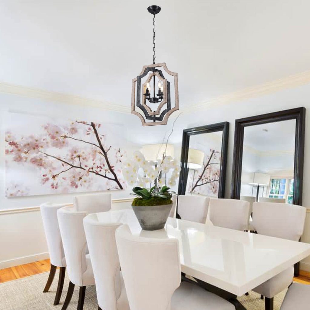 4 - Lights Distressed Wood Chandelier with Adjustable Chain, 16.9" Geometric Chandelier for Entryway with DIY Shade