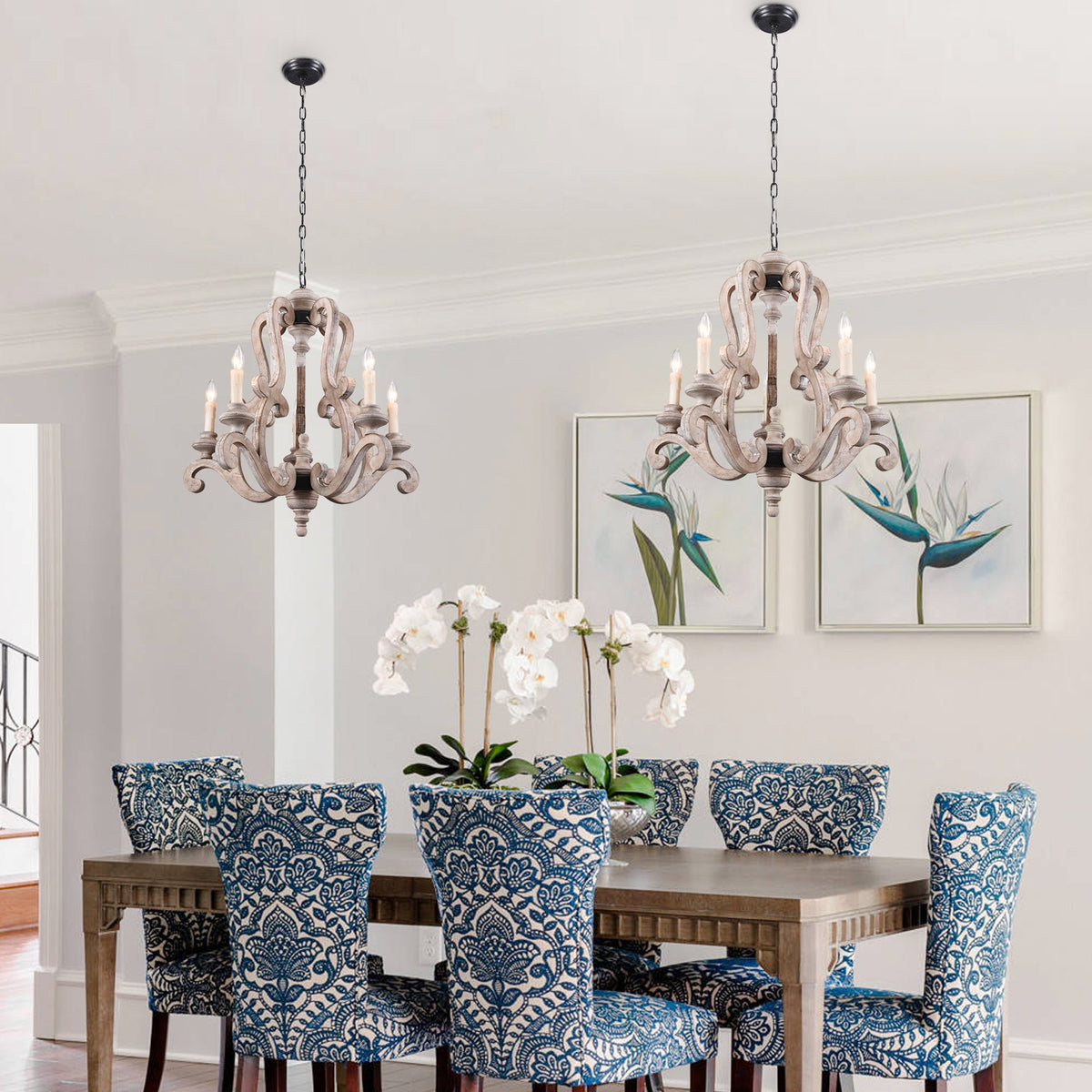 5 - Light Distressed Wood French Country Vintage Chandelier with Adjustable Height,  25" Farmhouse Chandelier for Dining Room