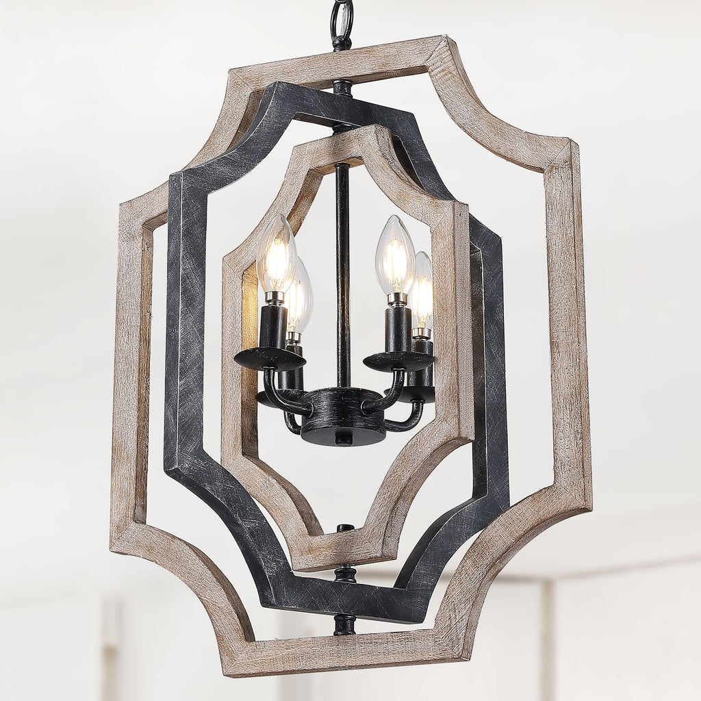 4 - Lights Distressed Wood Chandelier with Adjustable Chain, 16.9" Geometric Chandelier for Entryway with DIY Shade