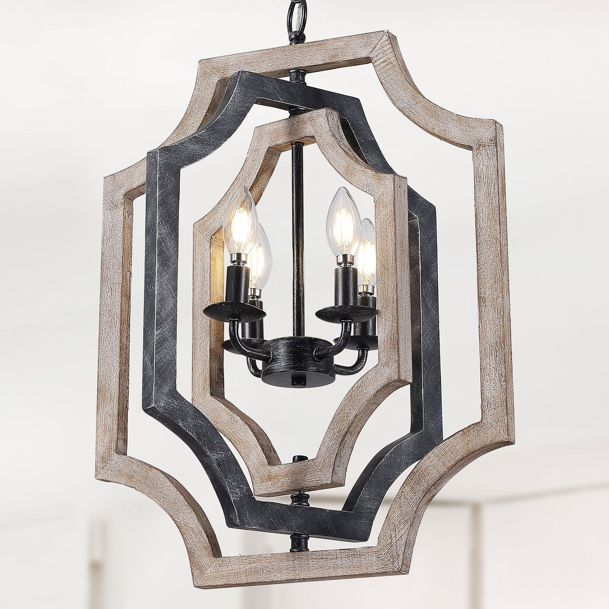 4 - Lights Distressed Wood Chandelier with Adjustable Chain, 16.9" Geometric Chandelier for Entryway with DIY Shade