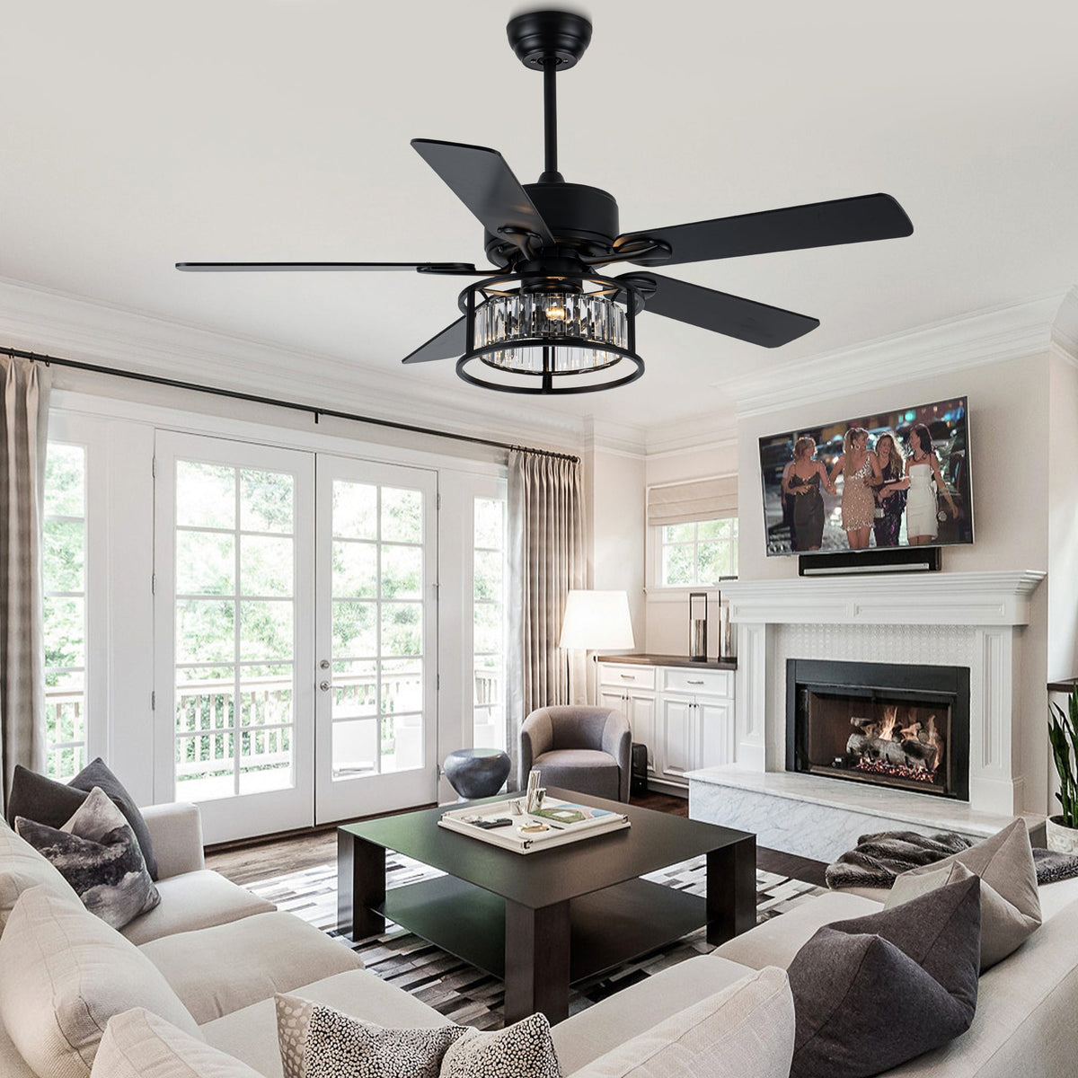 52 Inch Modern Glam Crystal Ceiling Fan with Lights and Remote, 6 Speeds DC Motor Black Reversible Ceiling Fan with Crystal Cage