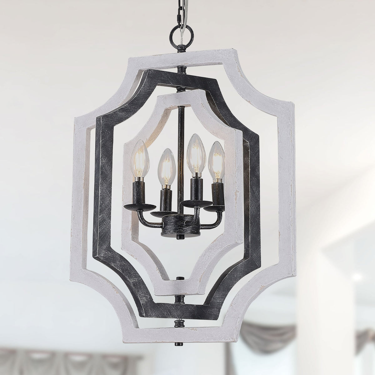 4 - Lights Distressed Wood Chandelier with Adjustable Chain, 16.9" Geometric Chandelier for Entryway with DIY Shade