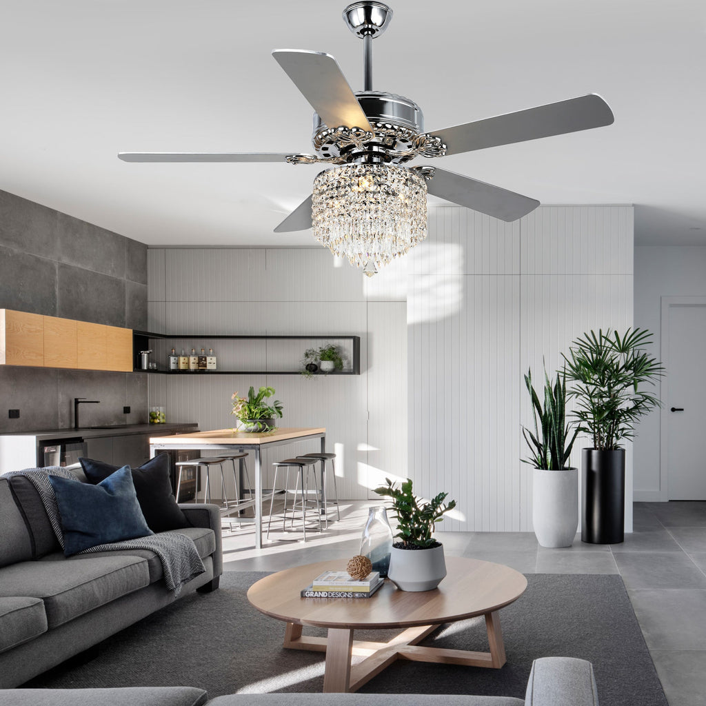 52 Inch Chrome Glam Crystal Ceiling Fan with Lights and Remote, 6 Speeds DC Motor Reversible Chandelier Ceiling Fan with Crystals