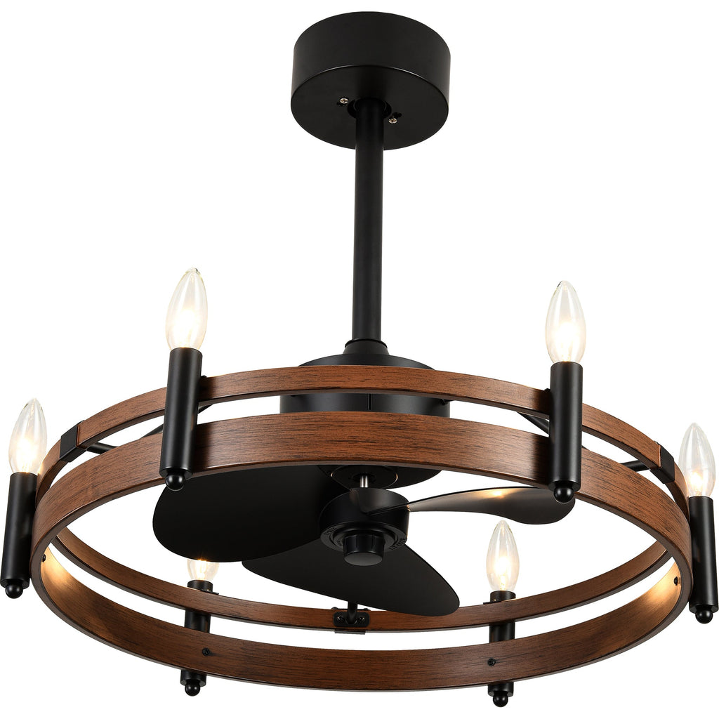 24 Inch Black Farmhouse Wagon Wheel Ceiling Fan with Lights and Remote, 6 Speeds DC Motor Reversible Bladeless Fandelier Ceiling Fan