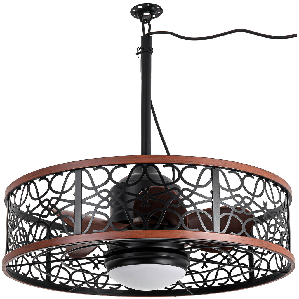 24 Inch Farmhouse Outdoor Waterproof Ceiling Fan with LED Light and Remote, 6 Speeds Black Plug In Caged Outdoor Fan Light
