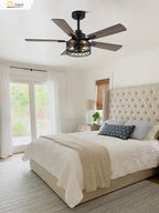 Farmhouse 46 Inch Metal Caged Ceiling Fan with Light Quiet Reversible DC Motor with  Remote Control Ceiling Fan Modern Wood Blades Ceiling Fan with Light Suit for Living room, Bedroom, Kitchen
