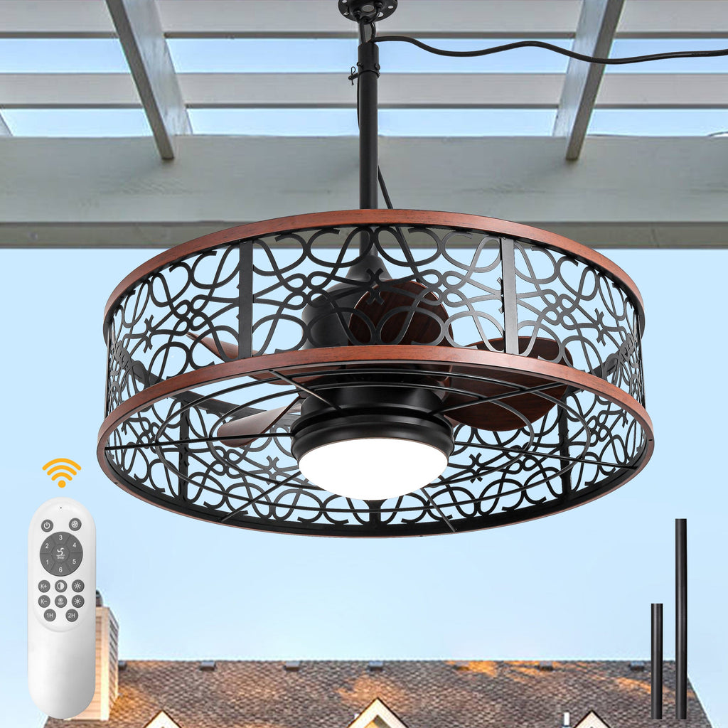 24 Inch Farmhouse Outdoor Waterproof Ceiling Fan with LED Light and Remote, 6 Speeds Black Plug In Caged Outdoor Fan Light