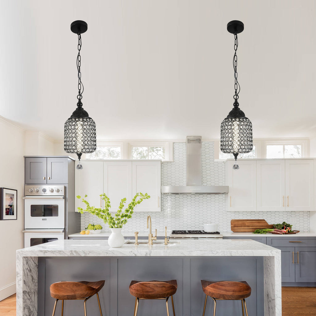 1 - Light Black/Chrome Cylinder Crystal LED Pendant Light, 7.3" Dining Room Light Fixtures Kitchen Island Light