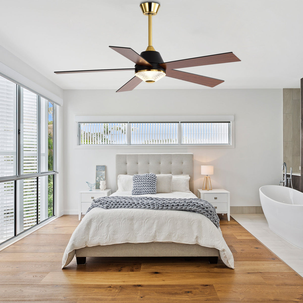 52 Inch Black and Gold Modern Ceiling Fan with LED Light and Remote Control, 6 Speeds DC Motor 5-Blade Reversible Ceiling Fan for Living Room