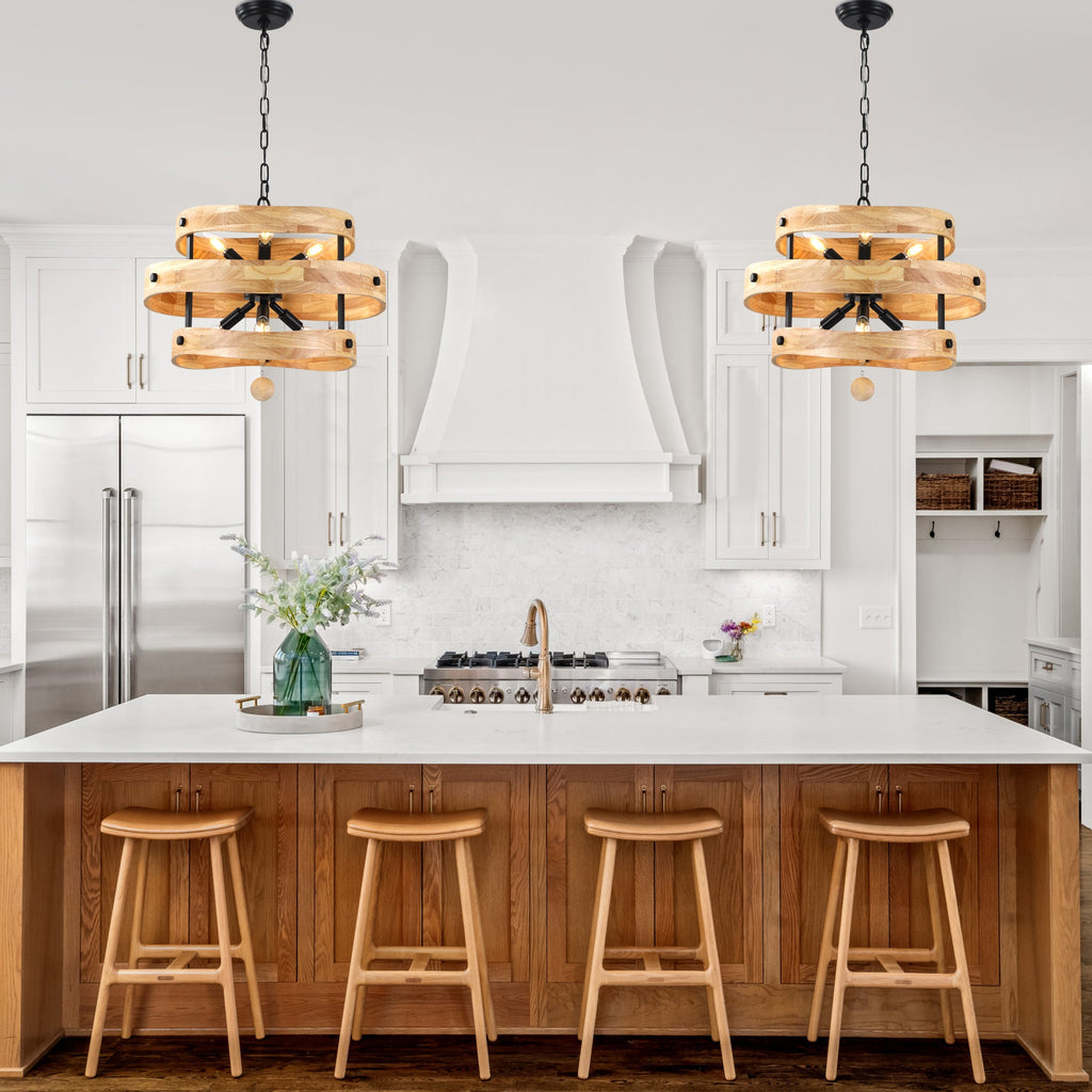 6-Light Farmhouse Weathered Wood Chandelier, 20" 3-Tiered Wooden Chandelier, Rustic Pendant Light for Dining Room