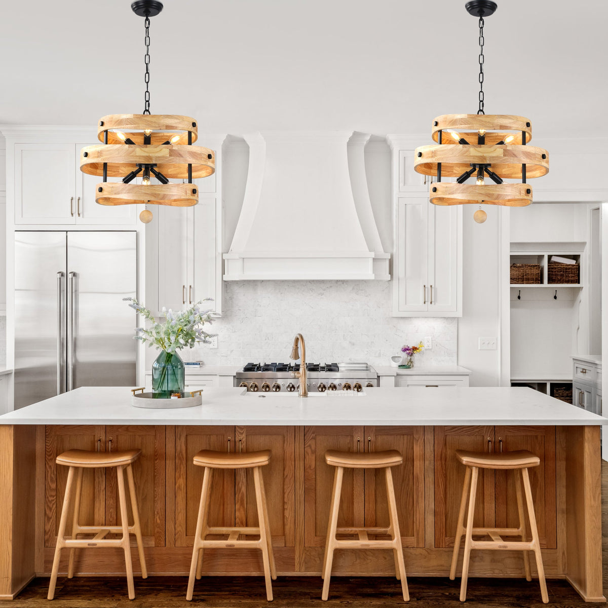 6-Light Farmhouse Weathered Wood Chandelier, 20" 3-Tiered Wooden Chandelier, Rustic Pendant Light for Dining Room