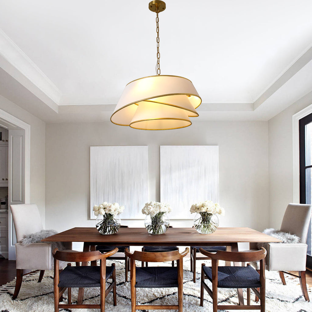 4-Light Mid Century Modern Drum Chandelier, Three-Tier Gold Chandelier with Fabric Shades, Modern Drum Light Fixtures for Dining Room