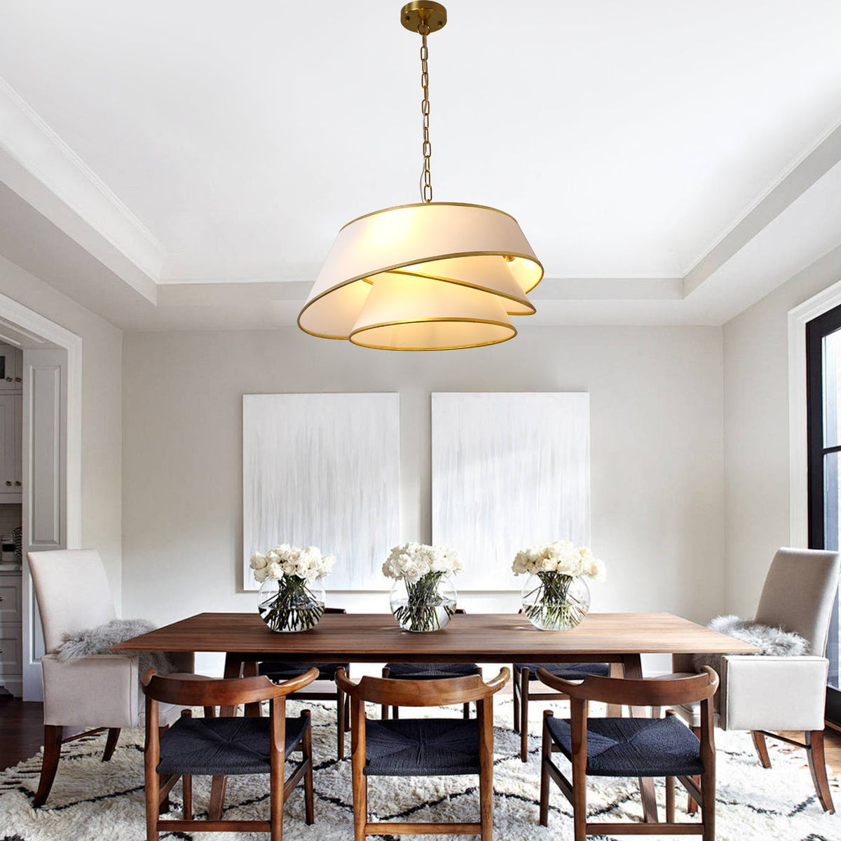 4-Light Mid Century Modern Drum Chandelier, Three-Tier Gold Chandelier with Fabric Shades, Modern Drum Light Fixtures for Dining Room
