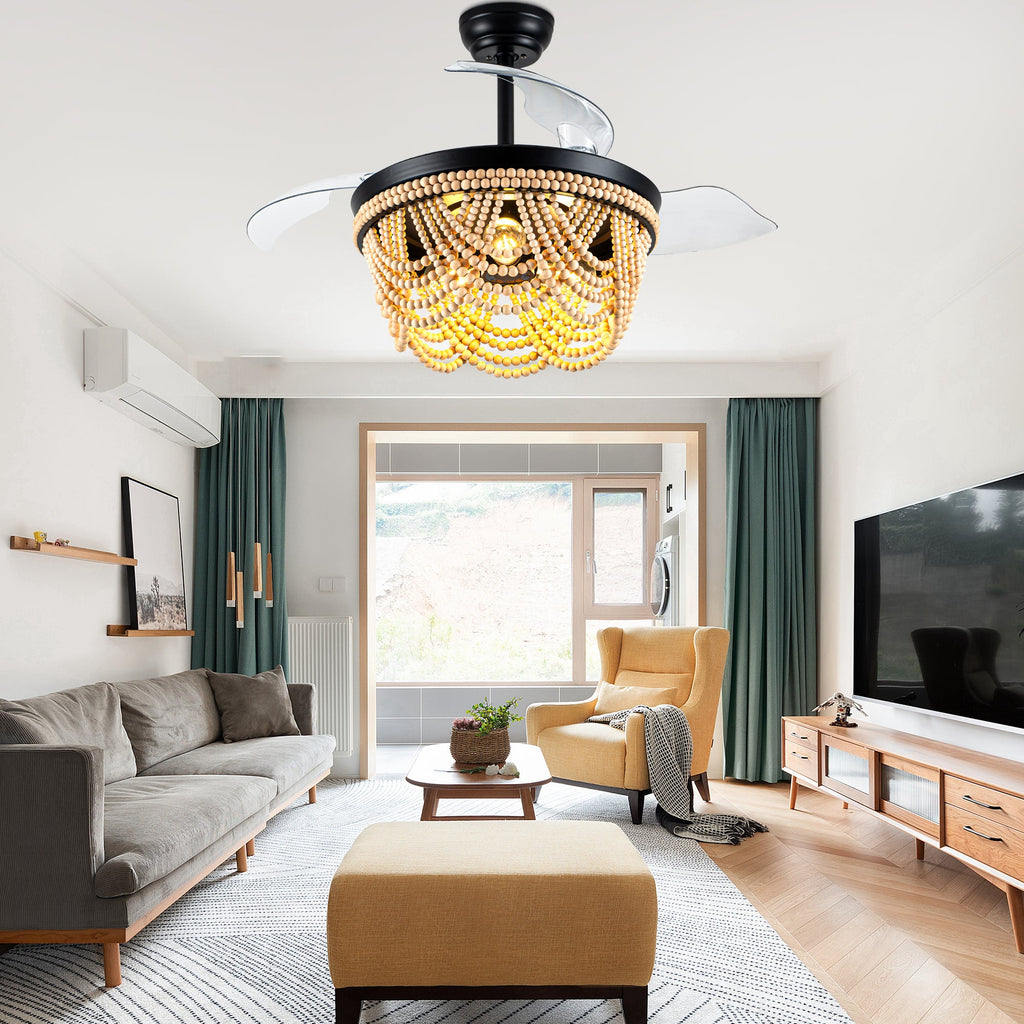 42 Inch Black Boho Retractable Ceiling Fan with Lights and Remote, 6 Speeds DC Motor Bladeless Fandelier Ceiling Fan with Wood Beaded Shade