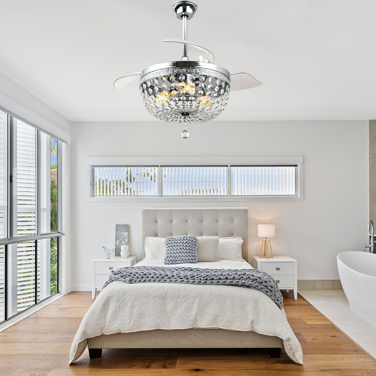 42 Inch Chrome Modern Glam Crystal Retractable Ceiling Fan with Lights and Remote Control, 6 Speeds DC Motor Fandelier Ceiling Fan