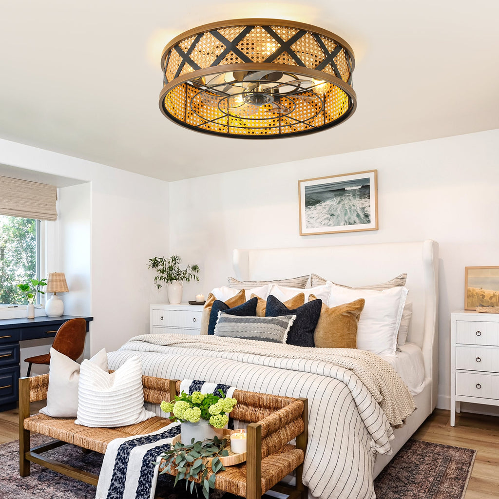 23 Inch Boho Rattan Flush Mount Ceiling Fan with Lights and Remote, 6 Speeds DC Motor Farmhouse Low Profile Bladeless Ceiling Fan