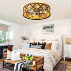 23 Inch Boho Rattan Flush Mount Ceiling Fan with Lights and Remote, 6 Speeds DC Motor Farmhouse Low Profile Bladeless Ceiling Fan