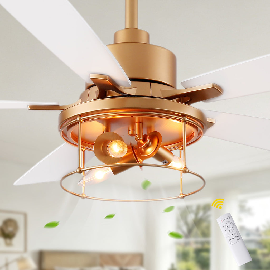 Industrial 52 Inch Gold/Black Caged Ceiling Fan with Light Quiet Reversible DC Motor with 6 Speed Remote Control Ceiling Fan 5 Blades Ceiling Fan Suit for Kitchen Bedroom Living Room