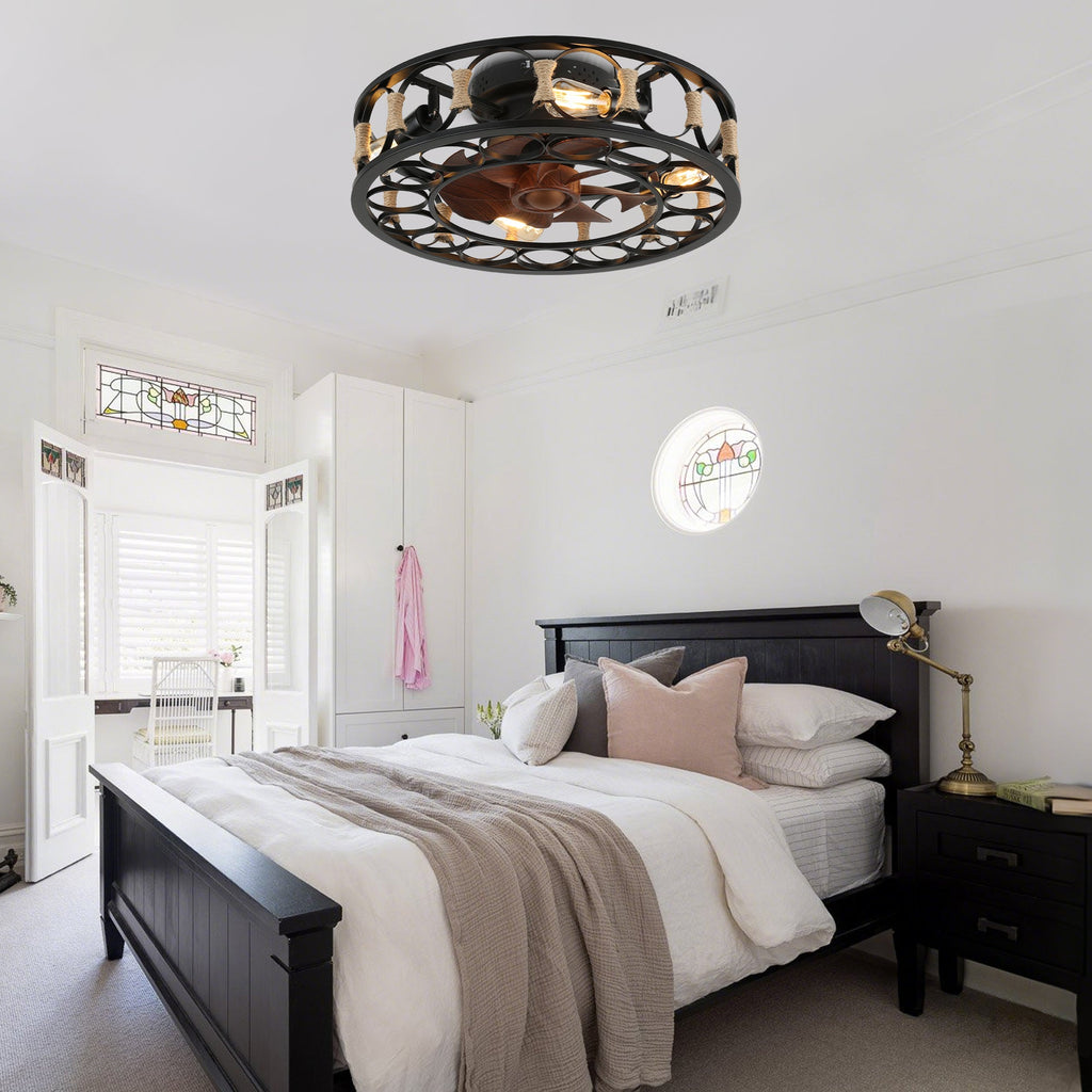 19 Inch Black Farmhouse Flush Mount Ceiling Fan with Lights and Remote, 6 Speeds DC Motor Bladeless Ceiling Fans for Low Profile Ceiling