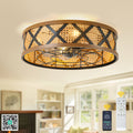 23 Inch Boho Rattan Flush Mount Ceiling Fan with Lights and Remote, 6 Speeds DC Motor Farmhouse Low Profile Bladeless Ceiling Fan
