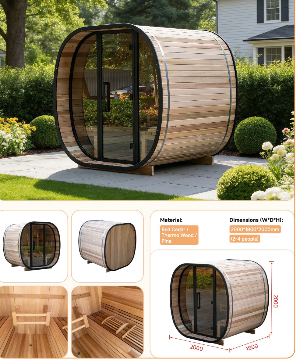 Outdoor Barrel Sauna with Panoramic Glass Door — Red Cedar / Thermo Wood / Pine | 2-4 Person