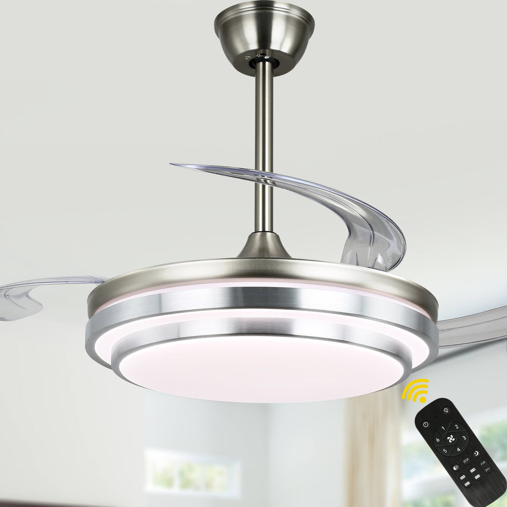 42 Inch Chrome Modern Retractable Ceiling Fan with Dimmable LED Light and Remote, 6 Speeds DC Motor Reversible Fandelier Ceiling Fan