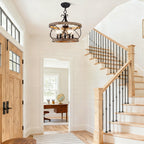 5 - Lights 15.7" Distressed Wood/White Mid-Century Caged Chandelier, Adjustable Chain Pendant Light Rustic Drum Chandelier